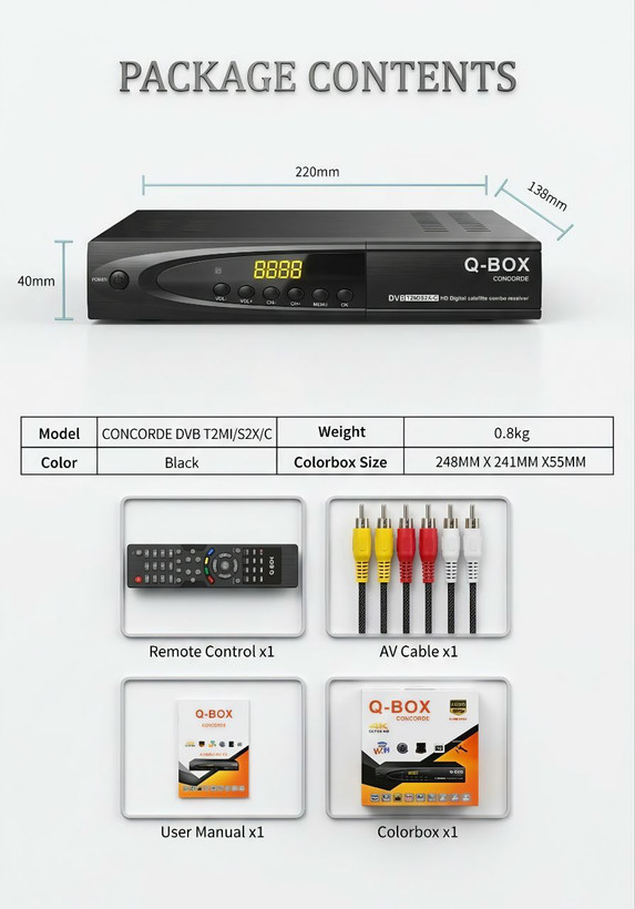 گیرنده دو کاره کیو باکس QBOX سری Concorde کنکورد کمبو S2 T2